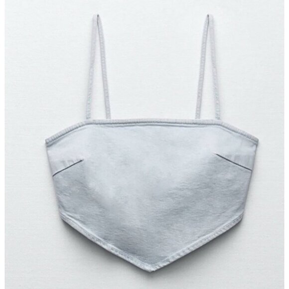 ZARA Womens Light-wash Denim Bandana Cut Zipper Back Crop Top Blouse Sz Large - Picture 1 of 8